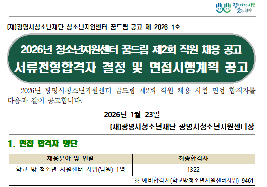 2026년 광명시청소년지원센터 꿈드림 제2회 직원 채용 최종합격자 발표 이미지 1 - 본문에 자세한설명을 제공합니다.