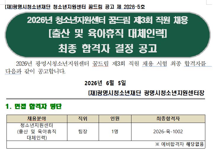 2026년 광명시청소년지원센터 꿈드림 제3회 직원(출산 및 육아휴직대체인력)채용 최종 합격자 공고 이미지 3