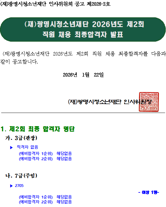 (재)광명시청소년재단 2026년도 제2회 직원 채용 최종합격자 발표 이미지 1 - 본문에 자세한설명을 제공합니다.