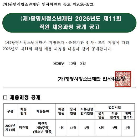 (재)광명시청소년재단 2026년도 제11회 직원 채용과정 공개 공고 이미지 1