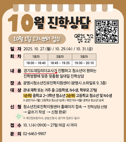 10월 진학상담
10월 1일 17부터 접수!
일자 : 2025. 10. 27(월) / 10. 29.(수) / 10. 31.(금)
회차 : 1회차 - 18:00 ~ 18:40 / 2회차 - 18:45 ~ 19:25 / 3회차 - 19:30 ~ 20:10
내용 : 경기도대입리더교사가 진행하고 청소년이 원하는 진학방향에 맞춘 맞춤형 일대일 진학상담
장소 : 광명시청소년진로진학지원센터 (광명시 소하일로 9, 3층)
대상 : 관내 재학 또는 거주 중·고등학생,N수생, 학부모 27팀
1순위) 중학교 2~3학년 청소년
2순위) 고등학교 청소년 및 N수생
※ 상반기(4~7월): 고등학교 청소년 1순위 / 하반기(9~11월):중학교 청소년 1순위
신청 : 청소년진로진학지원센터 홈페이지 접속→진학상담 신청→글쓰기 작성→신청 완료!
※ 개인정보동의서, 상담신청서, 생기부 업로드 필수!
접수 : 10. 1(수) 09:00 ~ 27팀 마감 시까지
문의 : 02-6463-9907