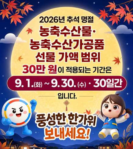 2026년 추석 명절
농축수산물·농축수산가공품 선물 가액 범위
30만 원이 적용되는 기간은
9. 1.(화) ~ 9. 30.(수). 30일간 입니다.
풍성한 한가위 보내세요!